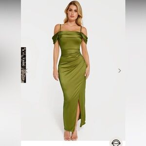 Elegant Olive Green Off-Shoulder Dress